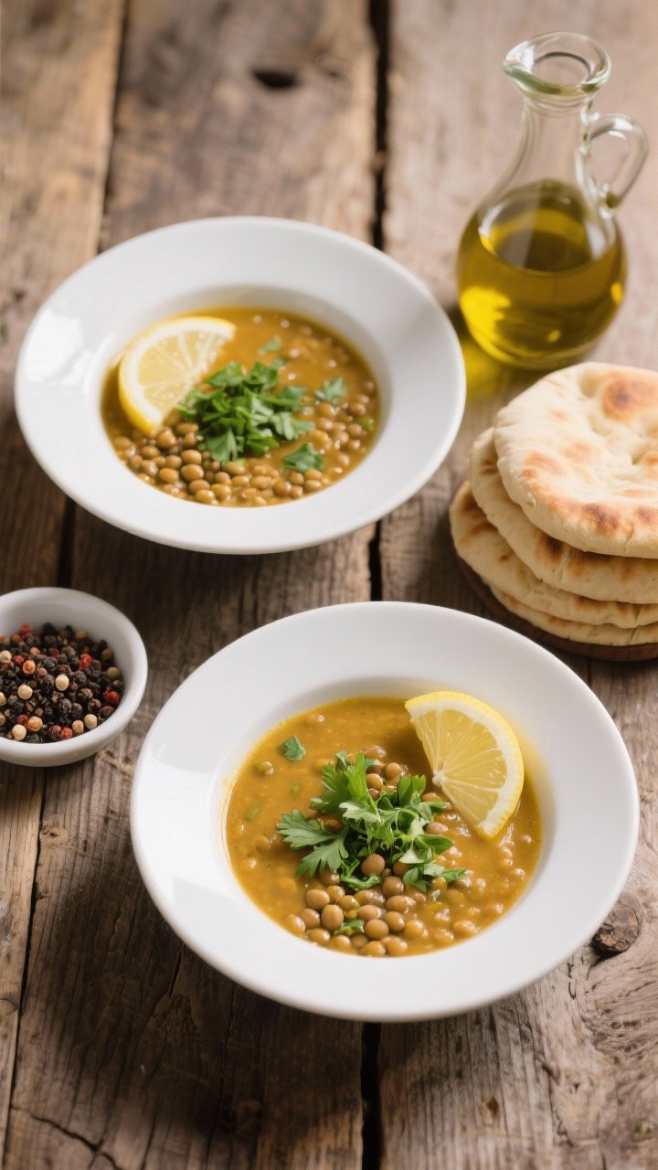 Tasty top view: Overhead plating of two shallow white bowls of Lebanese lentil soup on a rustic wood