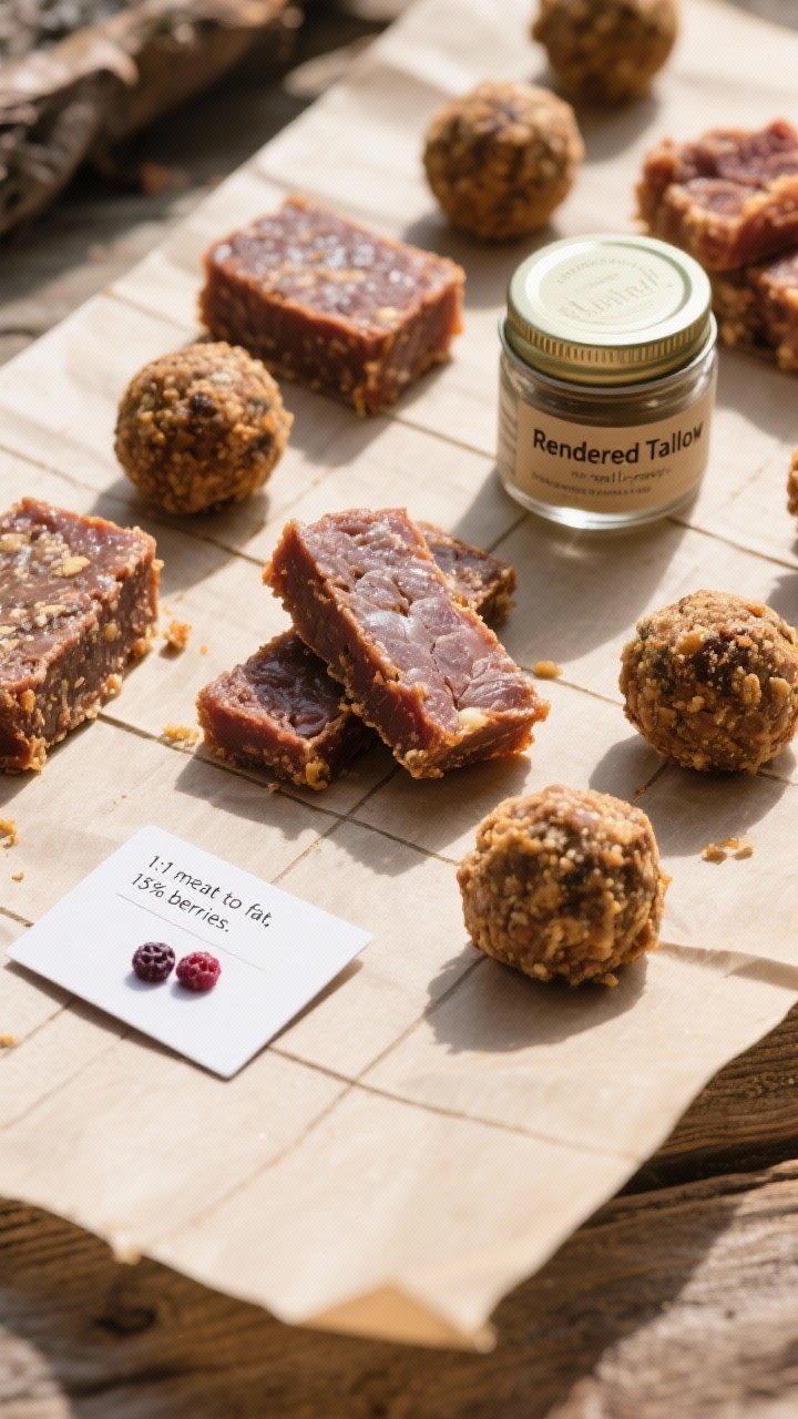 Tasty top view: Overhead scene of “trail-ready” pemmican assortment—pressed bars and compact b