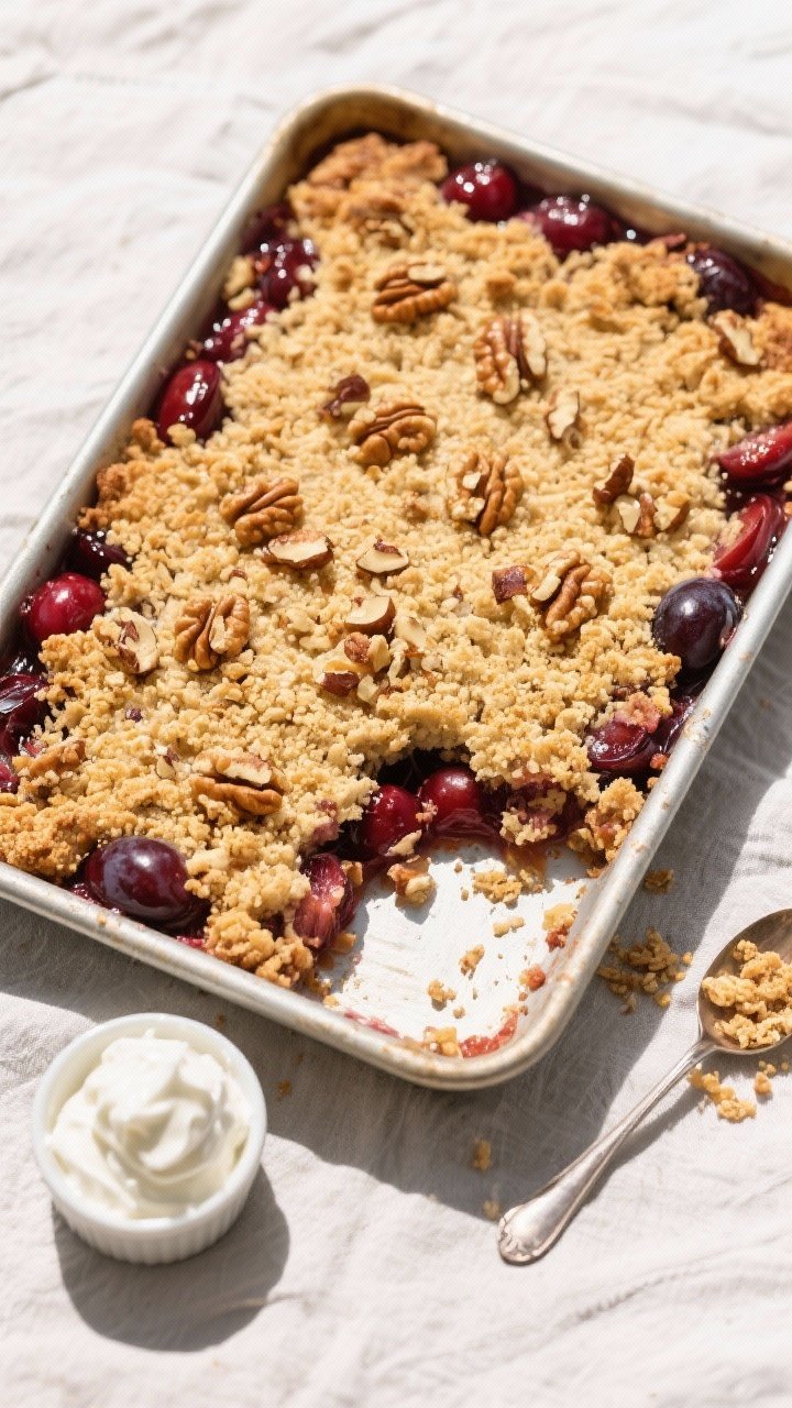 Tasty top view: Overhead shot of a 9x13 pan of plum and cherry crisp with a thick, even 1/2-inch lay