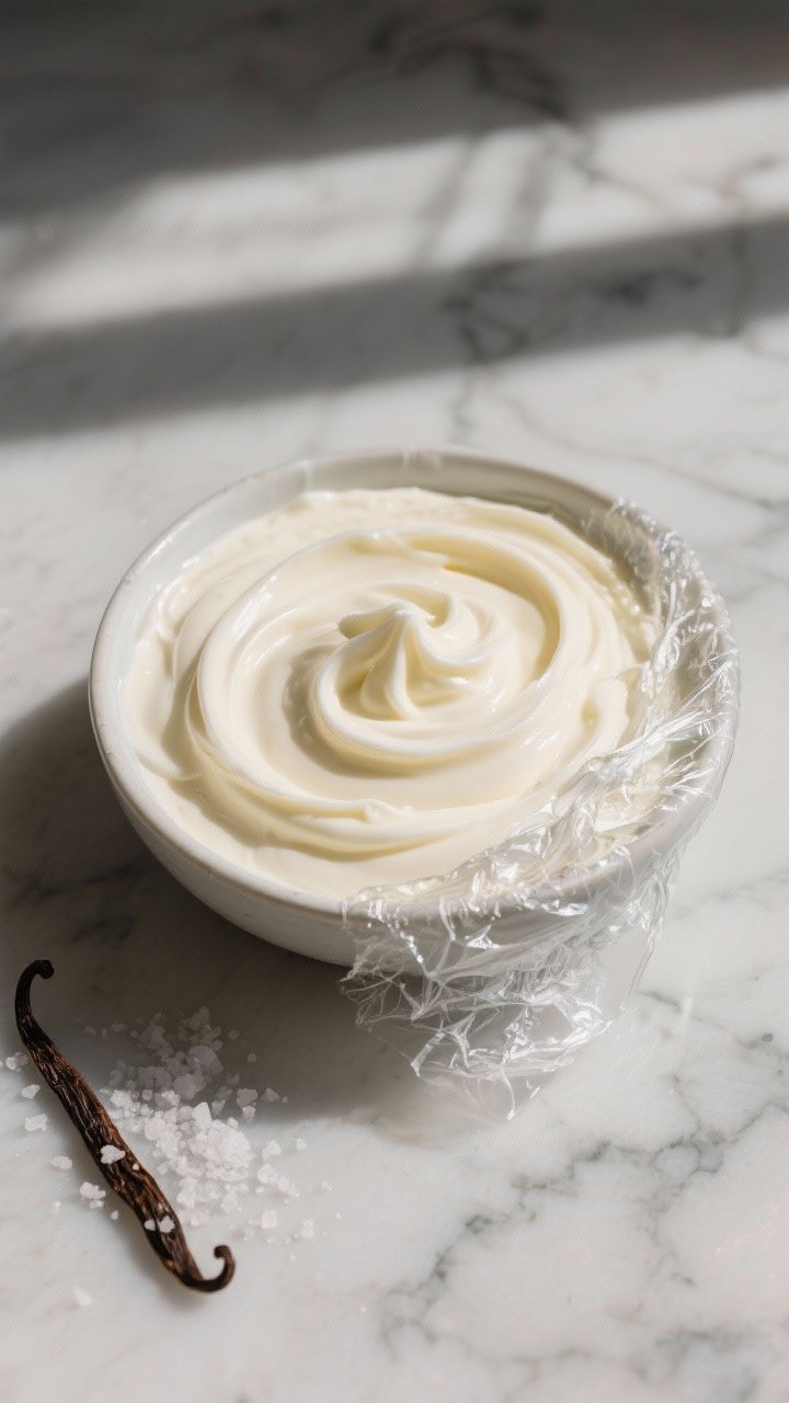 Tasty top view: Overhead shot of a bowl of chilled pastry cream after being strained and whisked smo