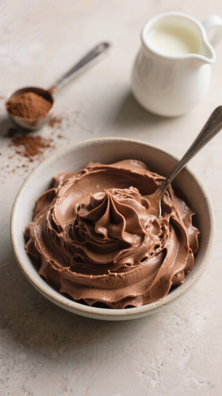Tasty top view: Overhead shot of a bowl of whipped chocolate buttercream ready for use, a spoon swip