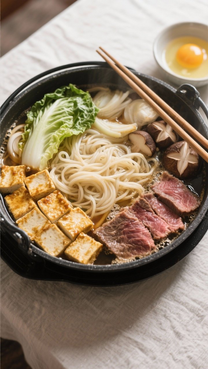 Tasty top view: Overhead shot of a bubbling sukiyaki hot pot arranged in neat sections—braised nap