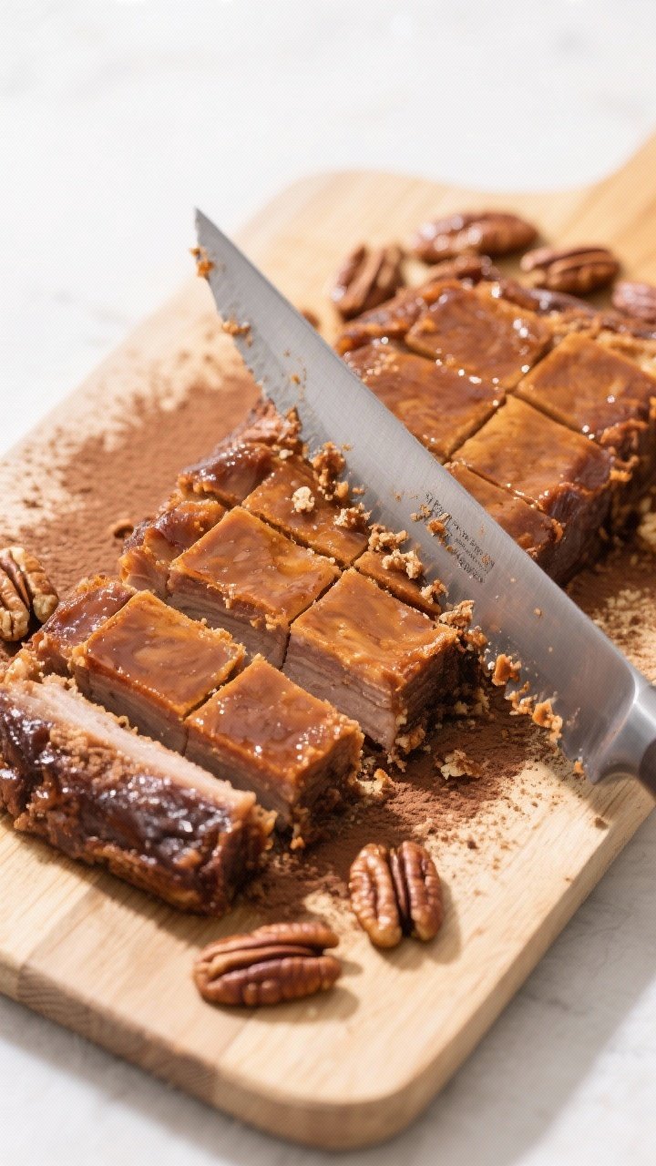 Tasty top view: Overhead shot of a cutting board with a full slab partially sliced into even squares