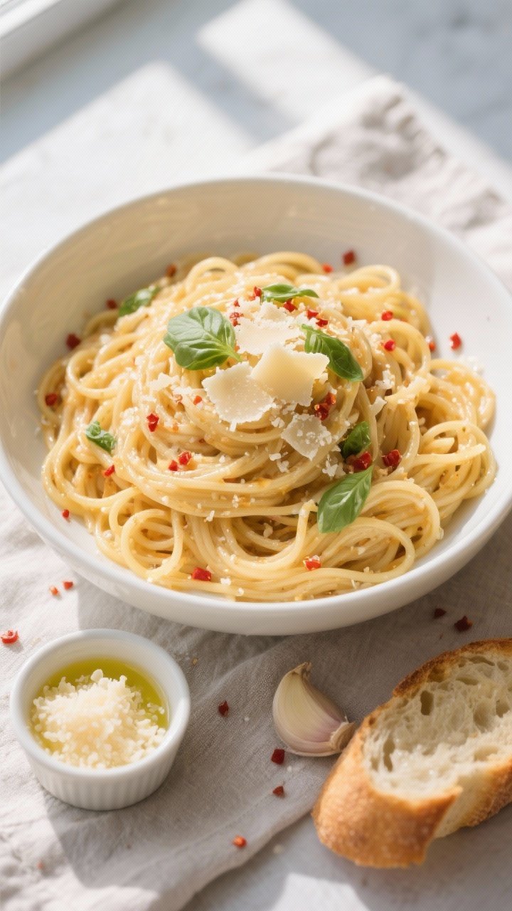 Tasty top view: Overhead shot of a generous bowl of cheesy spaghetti twirled high, sauce evenly clin
