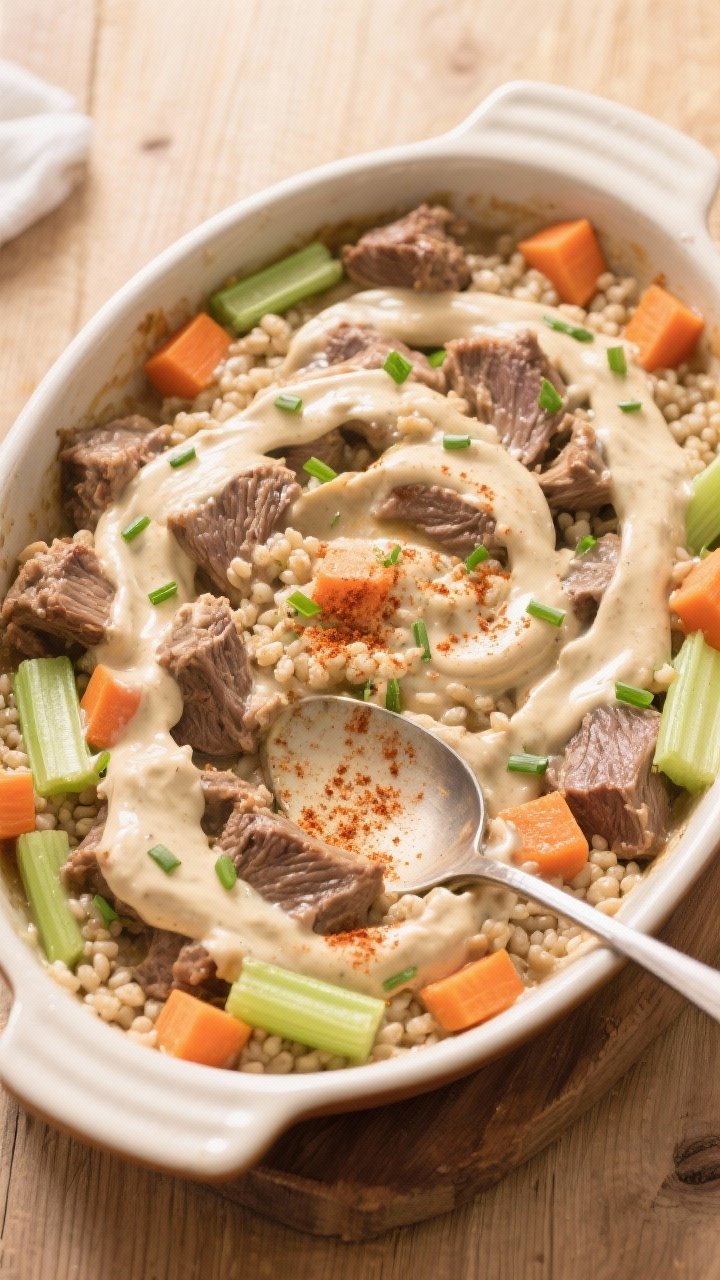 Tasty top view: Overhead shot of a generous family-style serving—creamy lamb and samp in a wide, s
