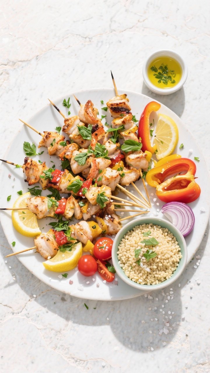 Tasty top view: Overhead shot of a large platter of finished seafood kabobs arranged in a fan, sprin