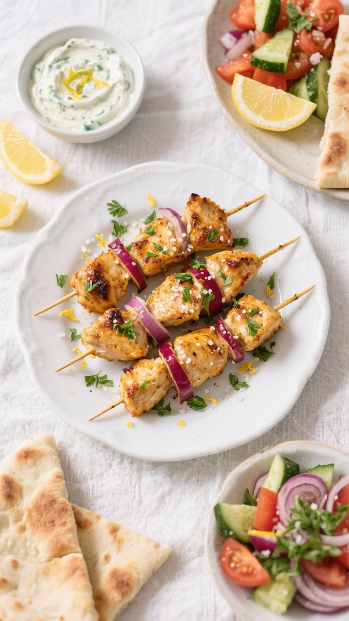 Tasty top view: Overhead shot of a Mediterranean-style serving platter of finished chicken skewers, 