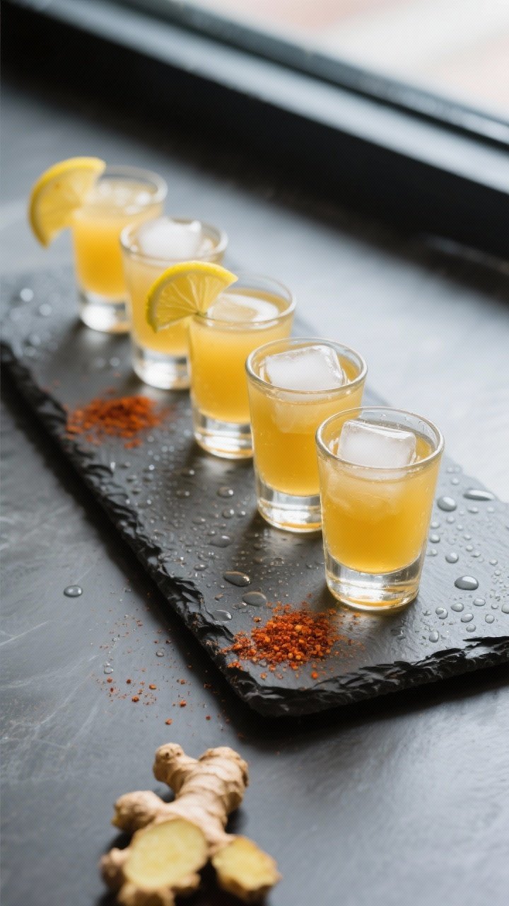 Tasty top view: Overhead shot of a neat lineup of chilled 1–2 ounce shot glasses on a matte slate 