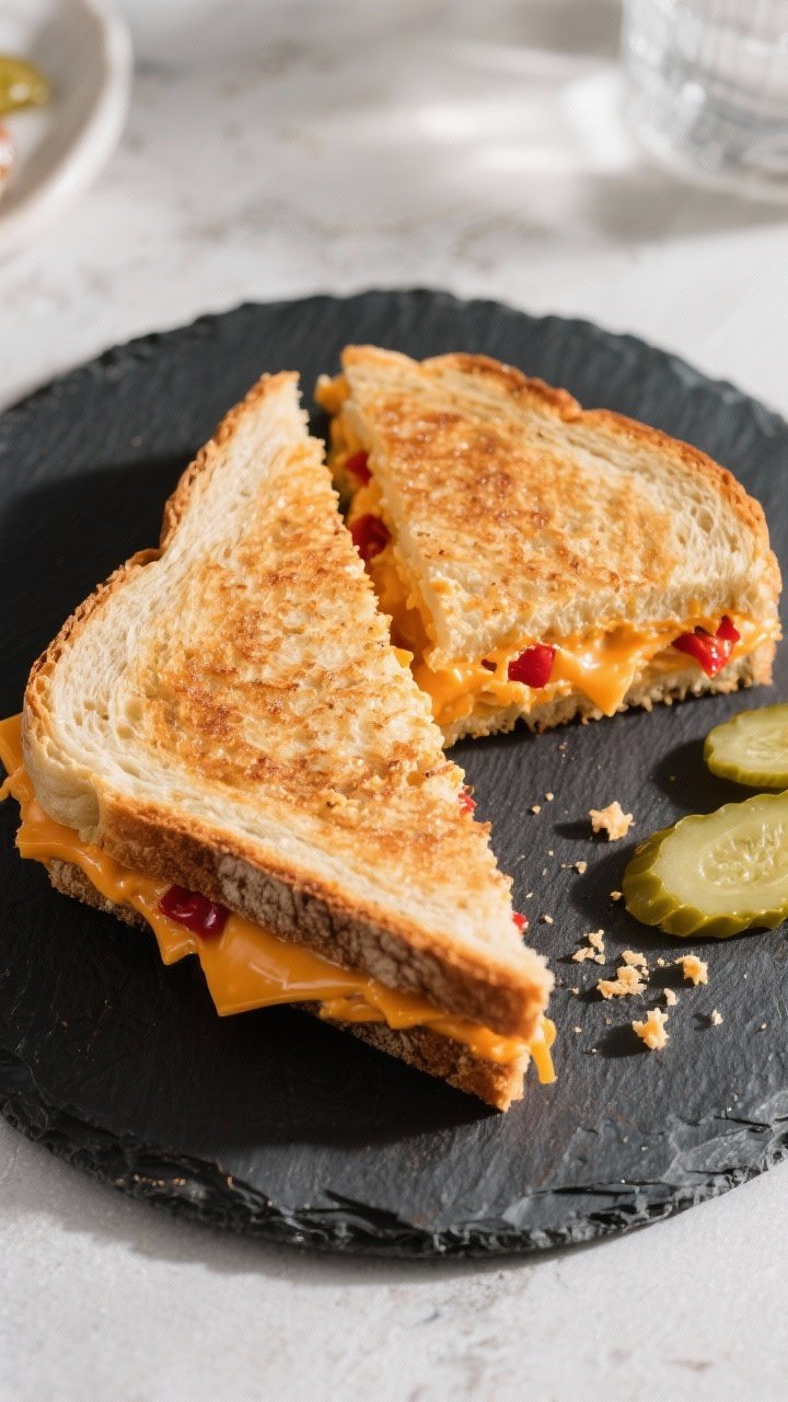 Tasty top view: Overhead shot of a pimento cheese sandwich—thick layer of the spread between toast