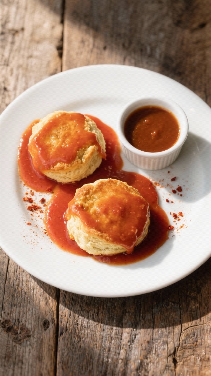 Tasty top view: Overhead shot of a plate with two flaky buttermilk biscuits smothered in tomato grav
