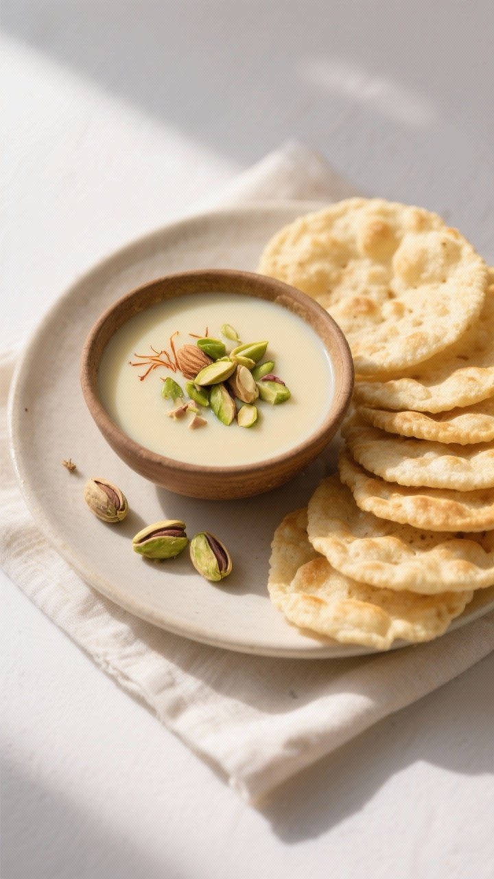 Tasty top view: Overhead shot of a serving setup—warm, creamy kheer in a small bowl topped with ch
