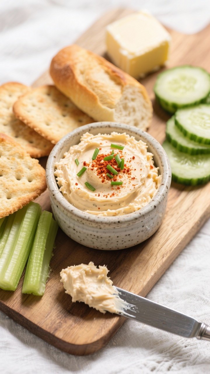 Tasty top view: Overhead shot of a snack board featuring the chilled pimento cheese in a small stone