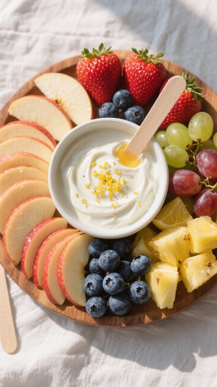 Tasty top view: Overhead shot of a snack platter—central bowl of yogurt fruit dip with a lemon-zes