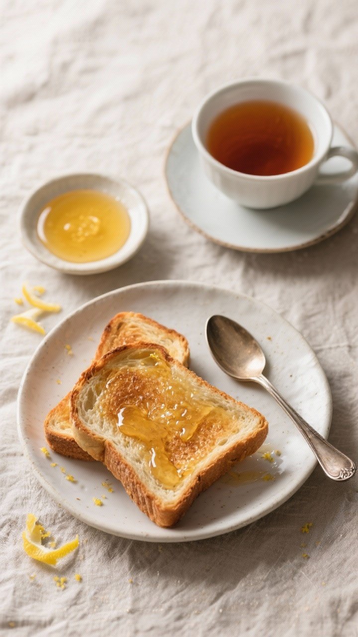 Tasty top view: Overhead shot of a tea-and-toast setup—thick slices of toasted sourdough brushed w