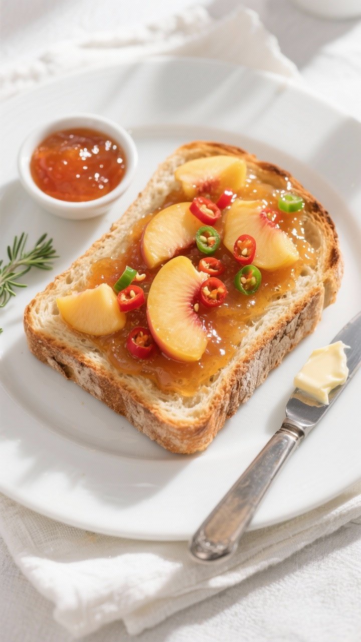 Tasty top view: Overhead shot of a toasted sourdough slice generously spread with peach pepper jam, 