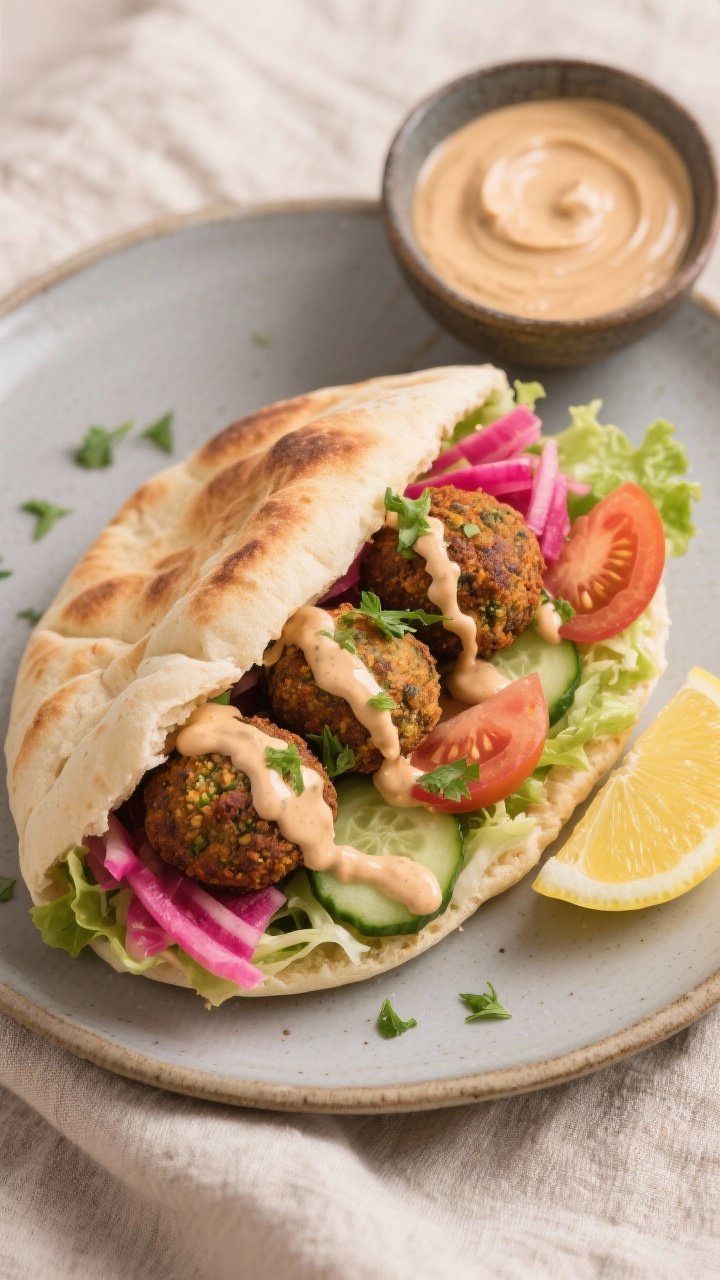 Tasty top view: Overhead shot of a warm pita stuffed with 3–4 falafel, sliced tomatoes, cucumbers,