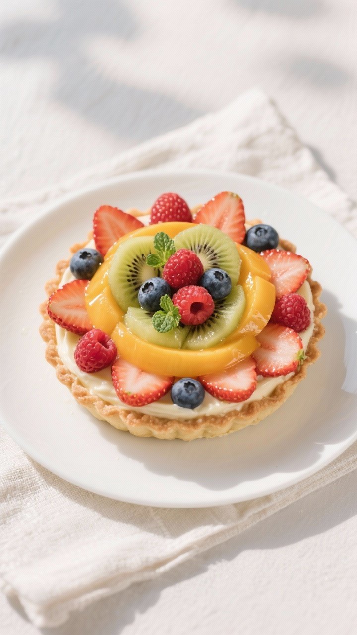 Tasty top view: Overhead shot of assembled fresh fruit tart filled with smooth vanilla pastry cream 