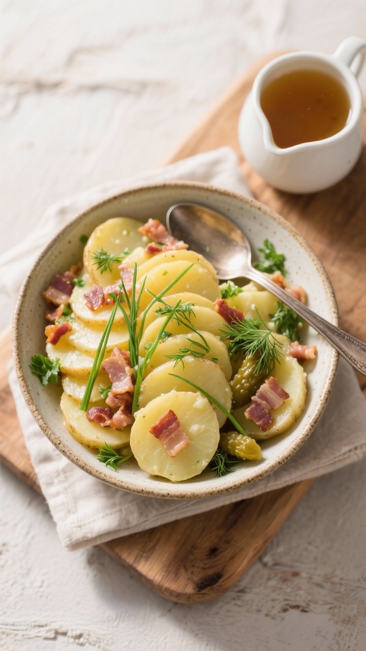Tasty top view: Overhead shot of authentic German potato salad in a rustic shallow ceramic bowl, sho