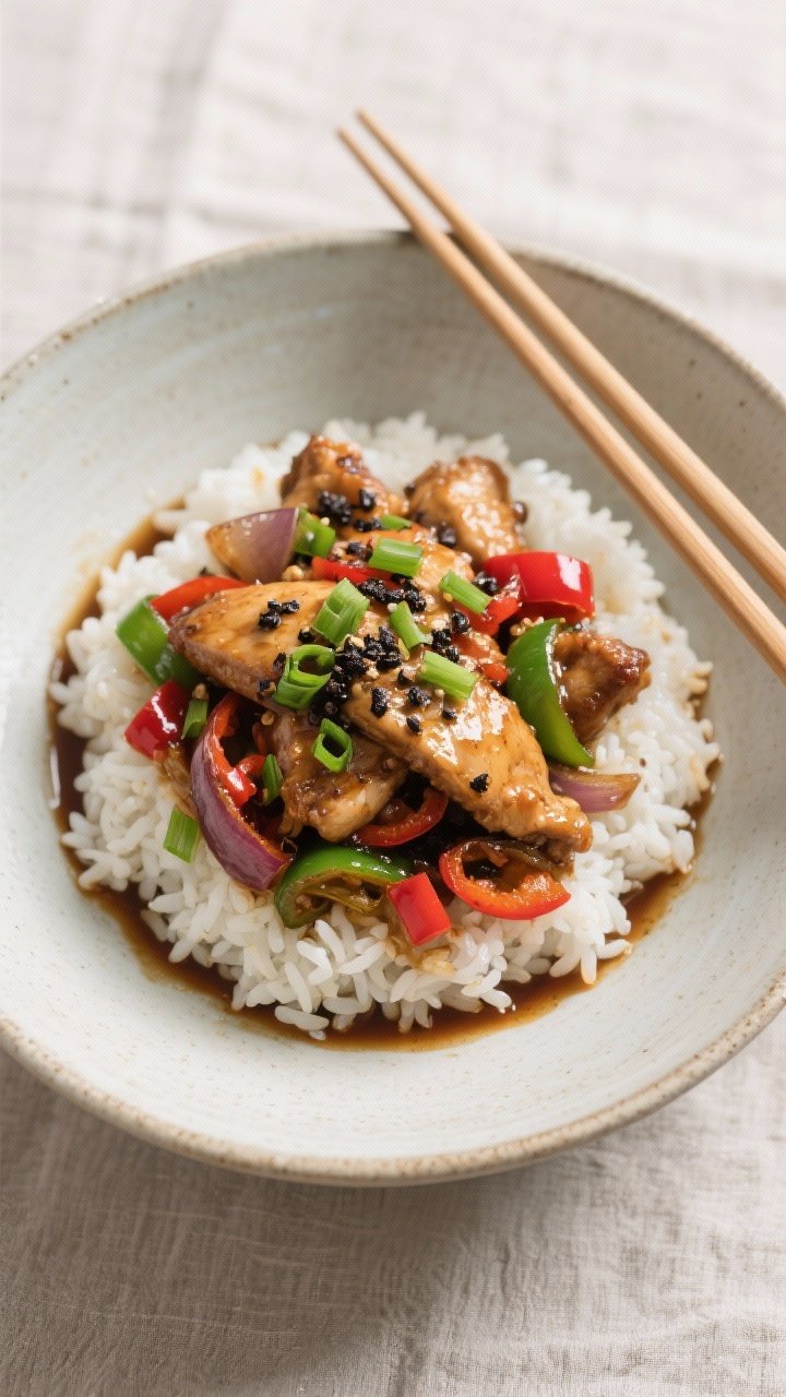 Tasty top view: Overhead shot of black pepper chicken served over steamed jasmine rice in a wide, sh