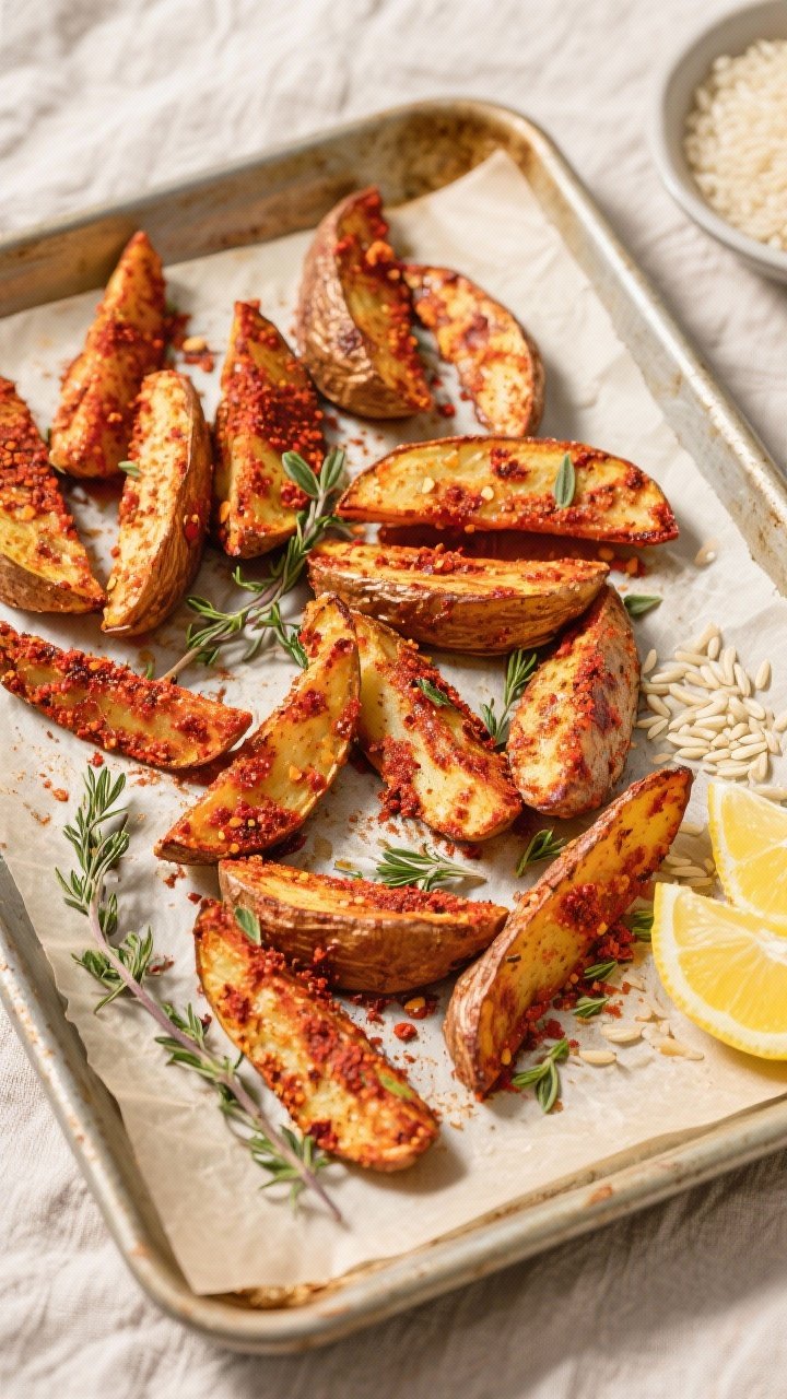 Tasty top view: Overhead shot of Cajun roasted potato wedges on a parchment-lined sheet pan, evenly 
