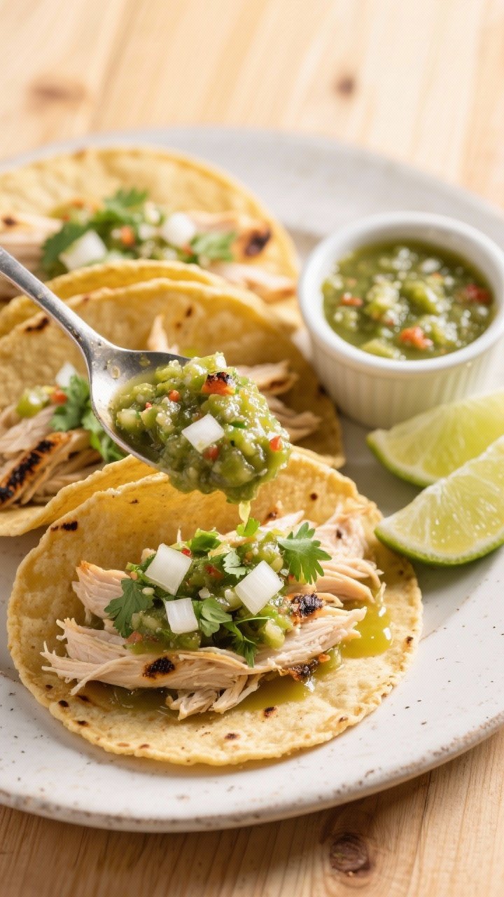 Tasty top view: Overhead shot of chunky salsa verde spooned over shredded chicken tacos on warm corn