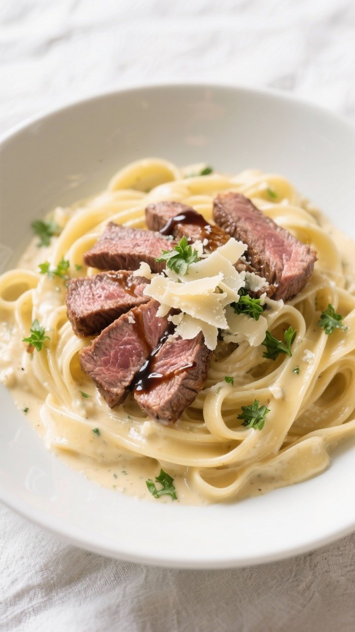 Tasty top view: Overhead shot of fettuccine tossed in creamy Gorgonzola Alfredo, sauce clinging to e