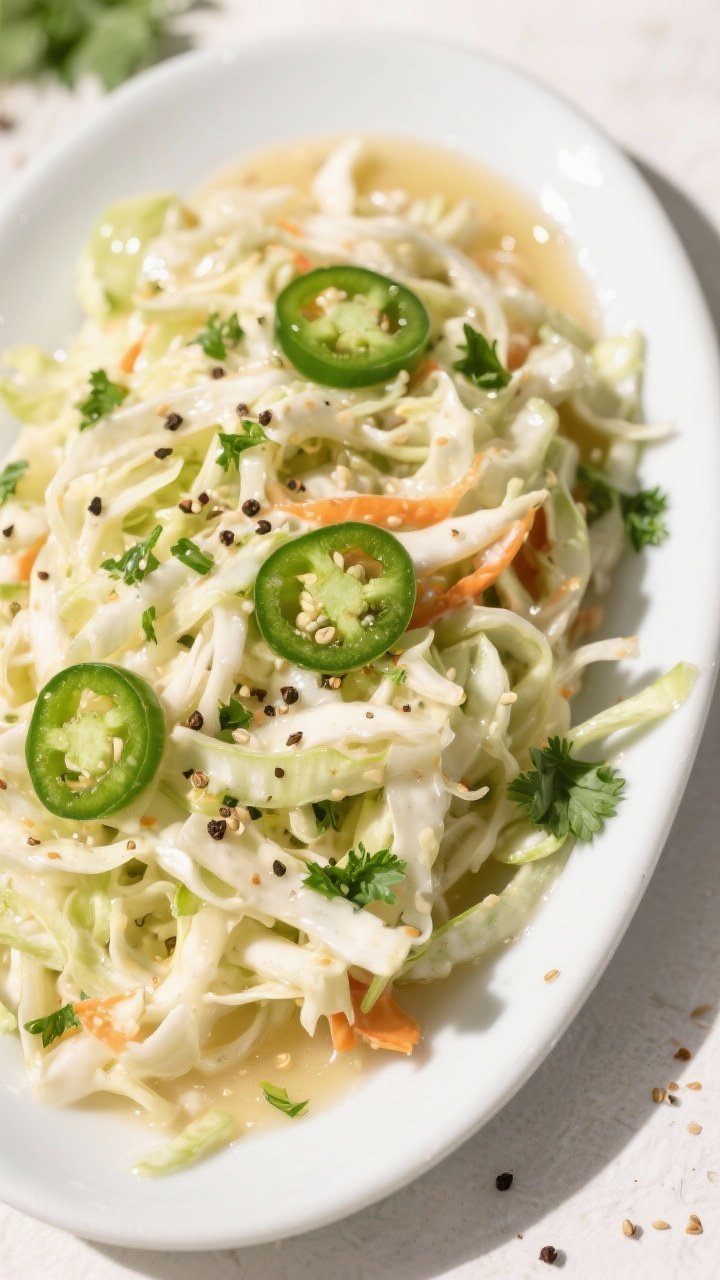 Tasty top view: Overhead shot of finished no-mayo Southern vinegar coleslaw, evenly coated and glist