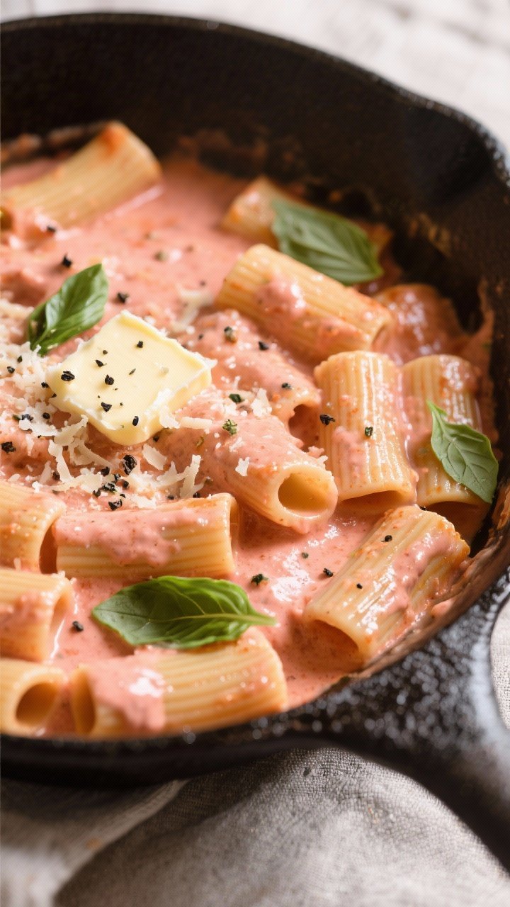 Tasty top view: Overhead shot of rigatoni alla vodka just after tossing in the skillet—rosy, cream