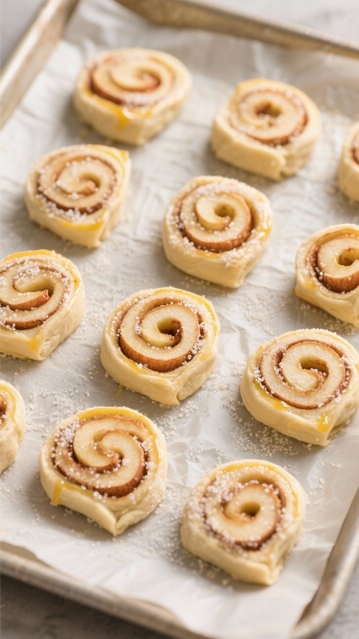 Tasty top view: Overhead shot of sliced, unbaked apple puff pastry rolls arranged cut-side up on a p