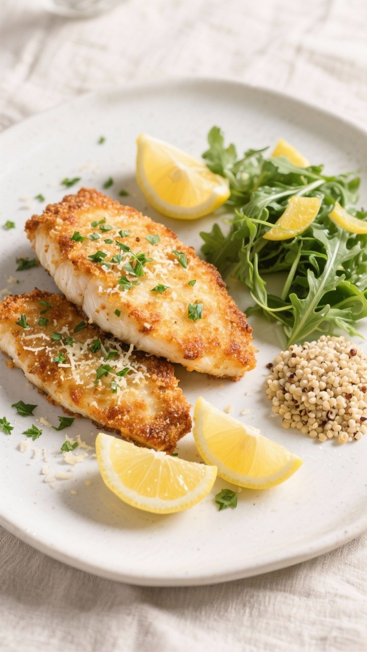 Tasty top view: Overhead shot of the final plated Crispy Parmesan Tilapia—two fillets on a matte w