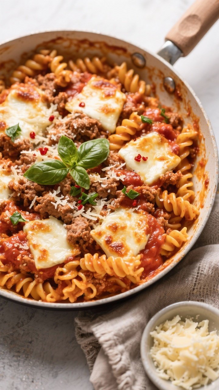 Tasty top view: Overhead shot of the finished cheesy ground turkey pasta in a wide sauté pan, rotin