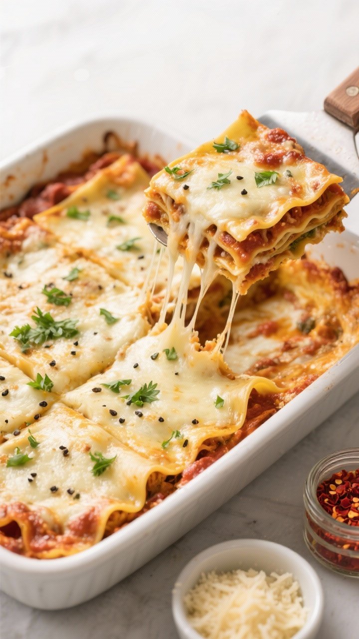 Tasty top view: Overhead shot of the full lasagna in the casserole after resting, clean, square cuts