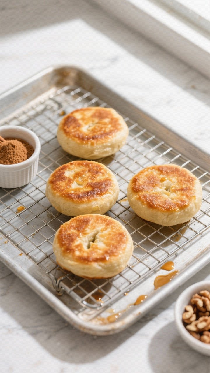 Tasty top view: Overhead shot of three hotteok resting on a wire rack set over a baking sheet, showc