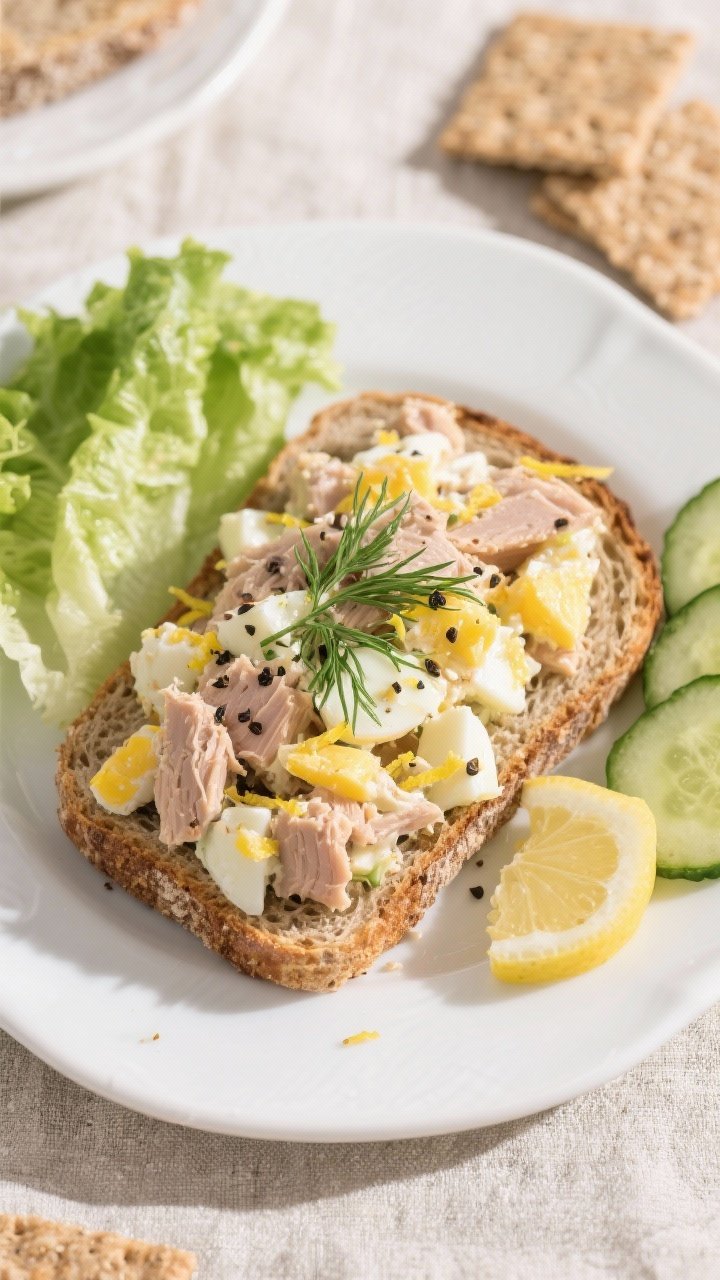 Tasty top view: Overhead shot of tuna and egg salad piled on toasted whole-grain bread, open-faced, 