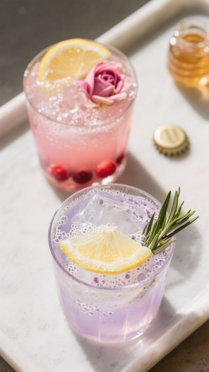 Tasty top view: Overhead shot of two variations of the Lavender Rose Moon Mocktail on a pale tray—