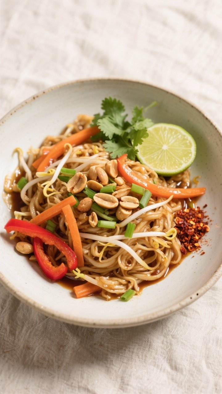 Tasty top view: Overhead shot of vegan Pad Thai in a wide shallow bowl—sauce-coated medium-width r