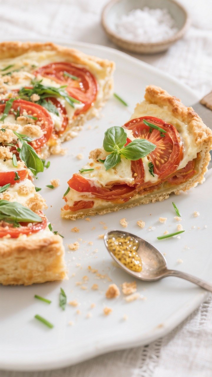 Tasty top view: Overhead slice-and-serve moment—one wedge removed from the baked tomato pie to rev