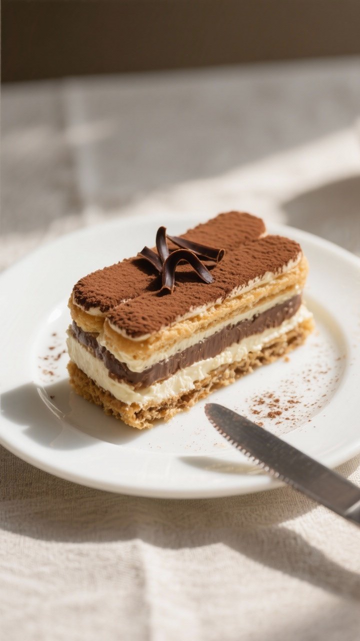 Tasty top view: Overhead slice on a small white plate—distinct layers of espresso-kissed ladyfinge