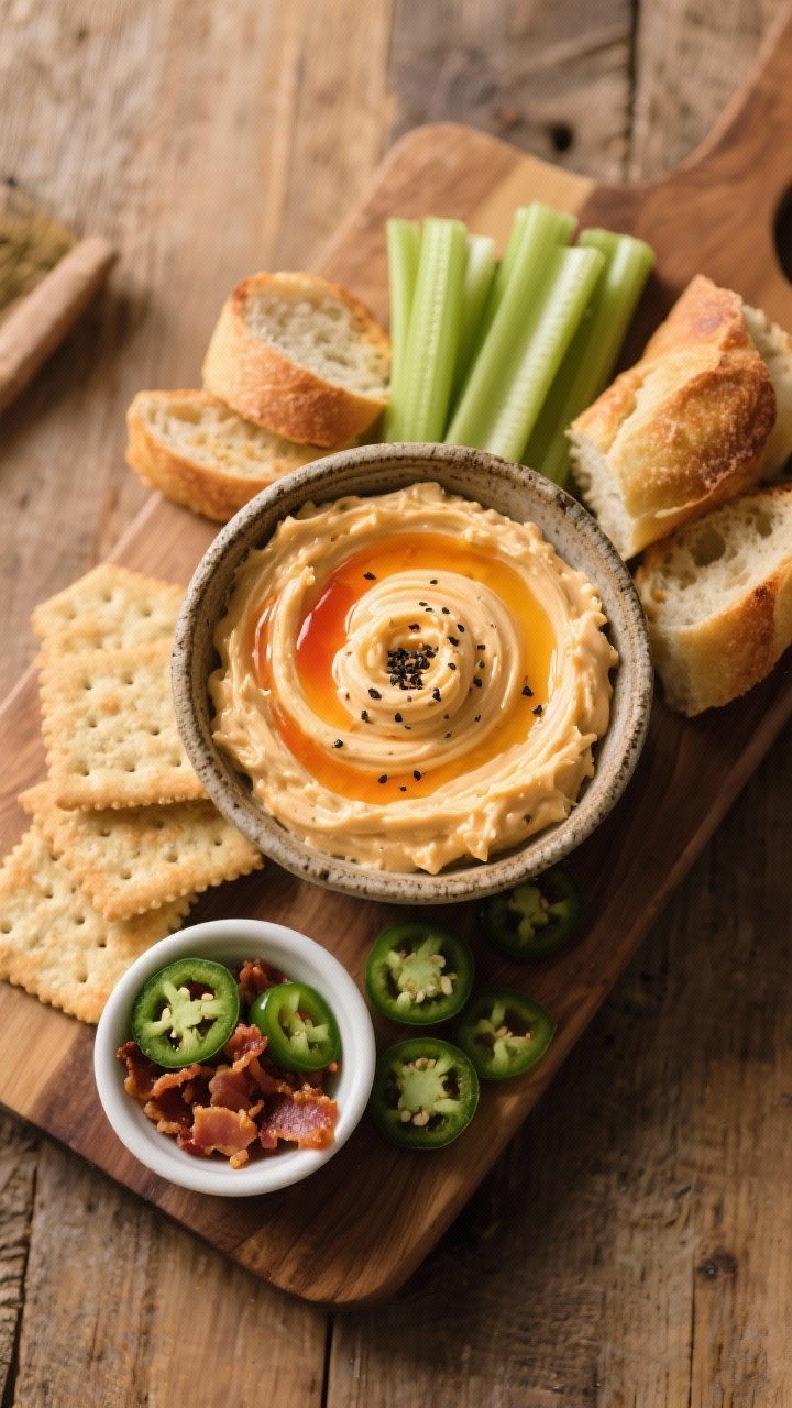 Tasty top view: Overhead snack board featuring a rustic bowl of pimento cheese swirled and topped wi