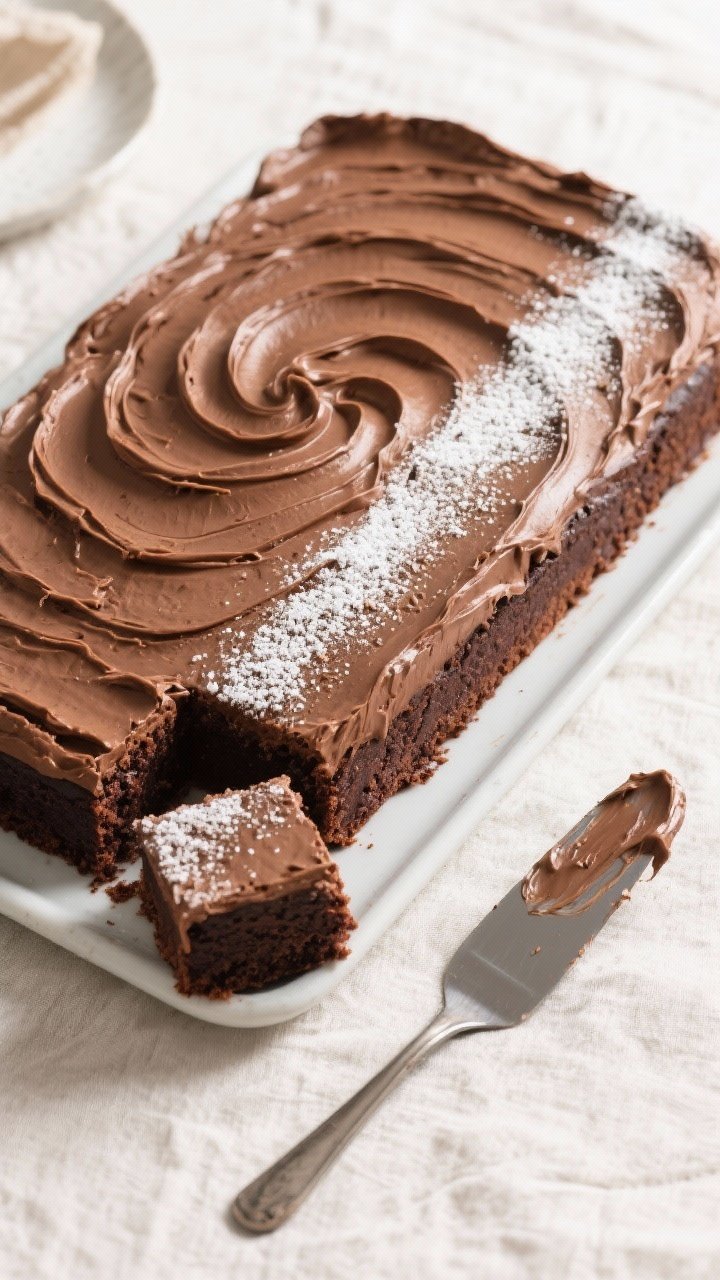 Tasty top view, sheet cake option: Overhead shot of a 9×13 chocolate sheet cake with a thick, fluff