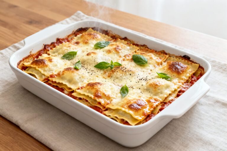 Easy One Pan Creamy Baked Ravioli Recipe | Cheesy Comfort Dinner Idea
