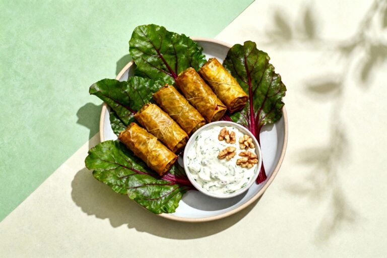 Beet Leaf Dolmades Recipe | Stuffed Beet Leaves with Walnut Tzatziki Sauce