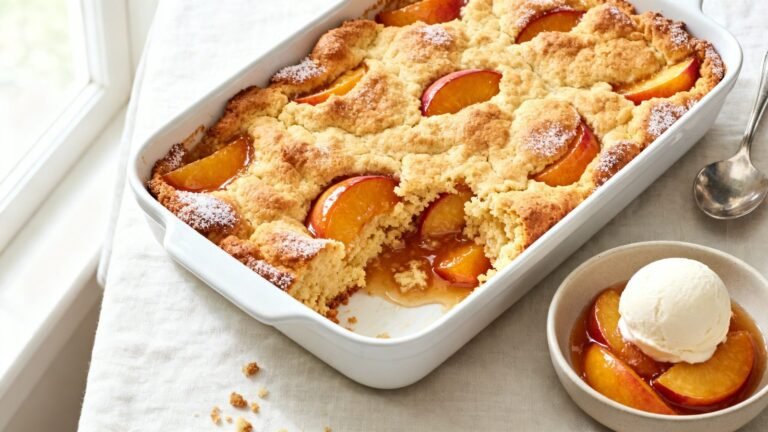 Easy Peach Cobbler Recipe | Simple Fresh Peach Dessert in Baking Dish
